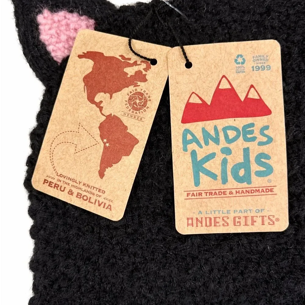 Andes Kids Black Pink Cat Ear Crochet Hat Ear Flaps Braided Tassels NWT
